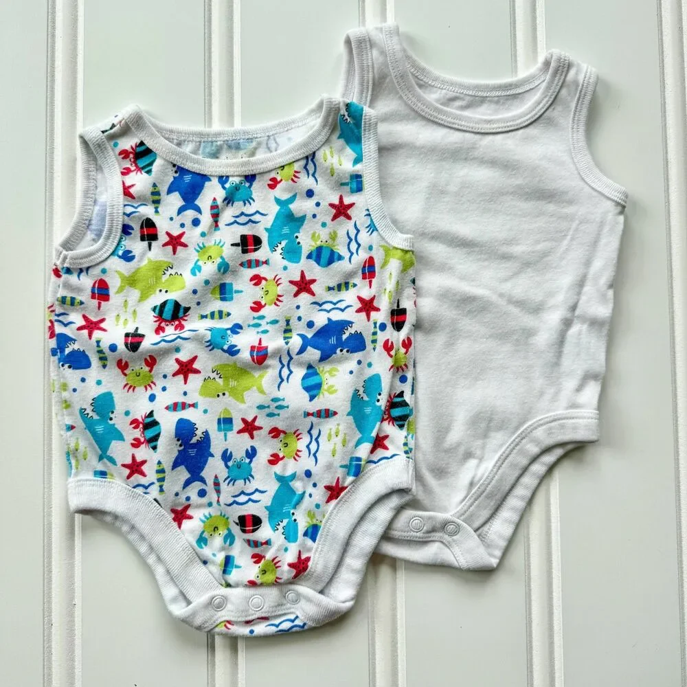 4/$10 - Set of 2 Garanimals Tank Top Onesie Bodysuits | Ocean Sea Life Beach Nau